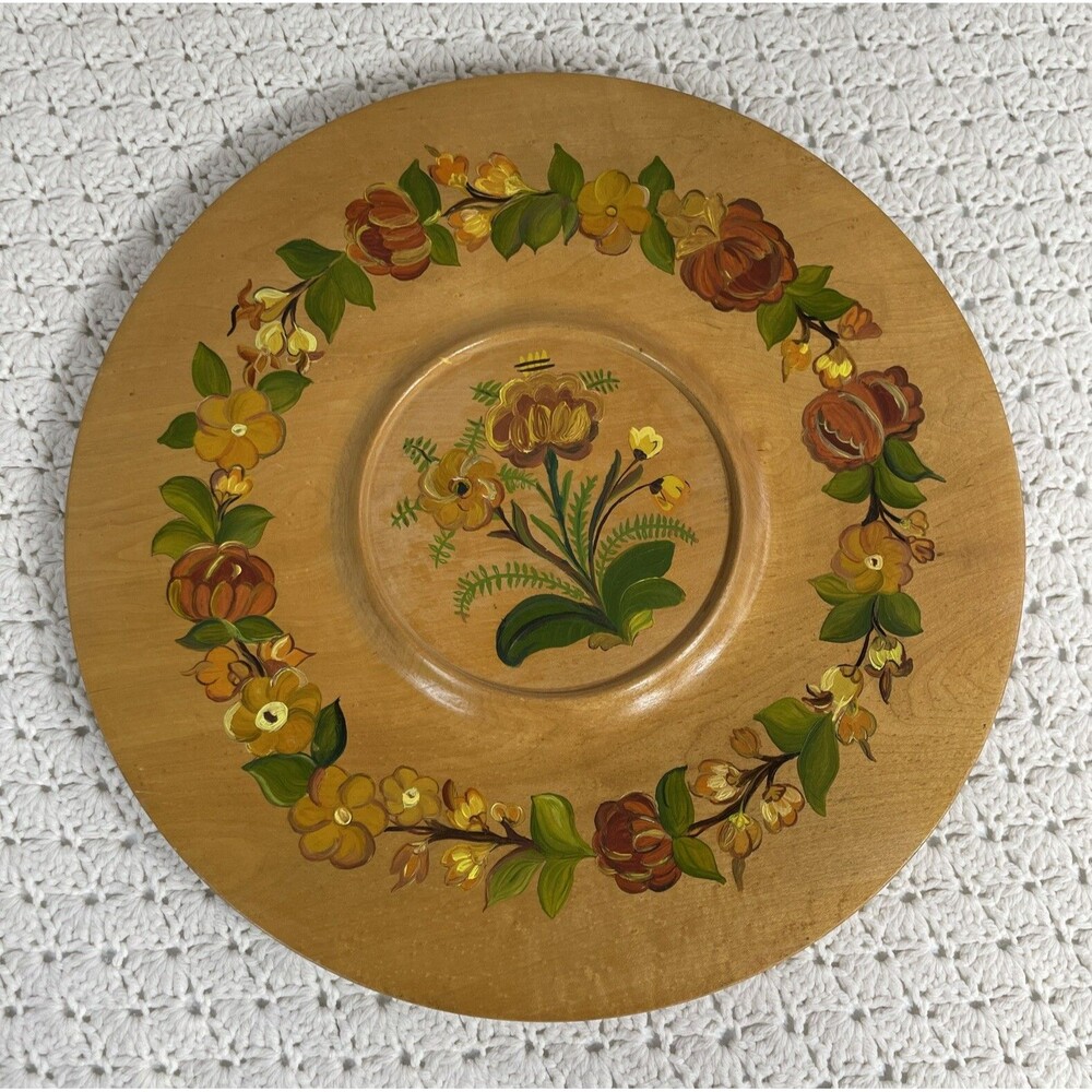 Vintage Folk Art Hand Painted Floral Wood Plate Wall Hanging or Snack Tray 16"